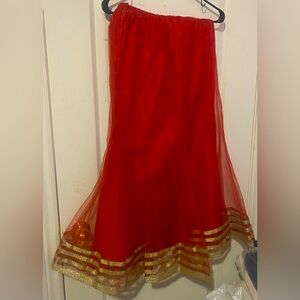 Bright Red Mesh Lengha Skirt